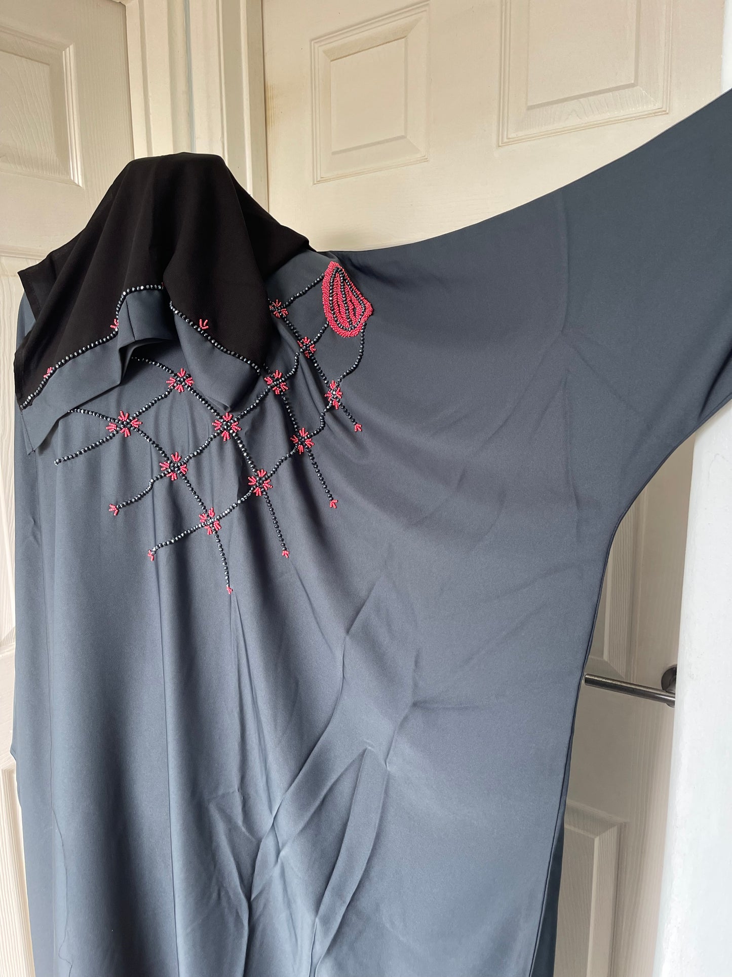 Grey bead embroidery butterfly abaya