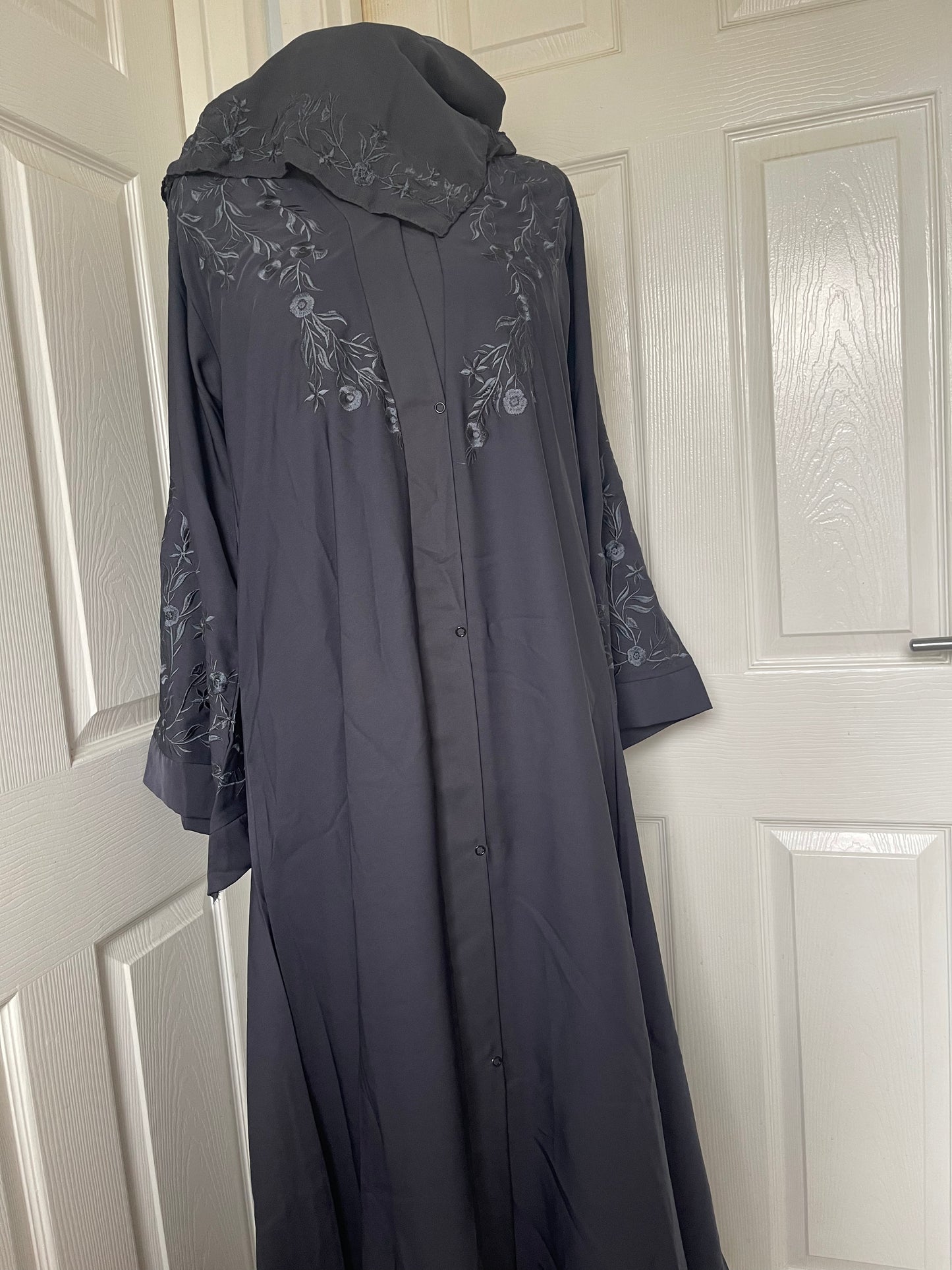 Charcoal grey embroidered kimono sleeve abaya