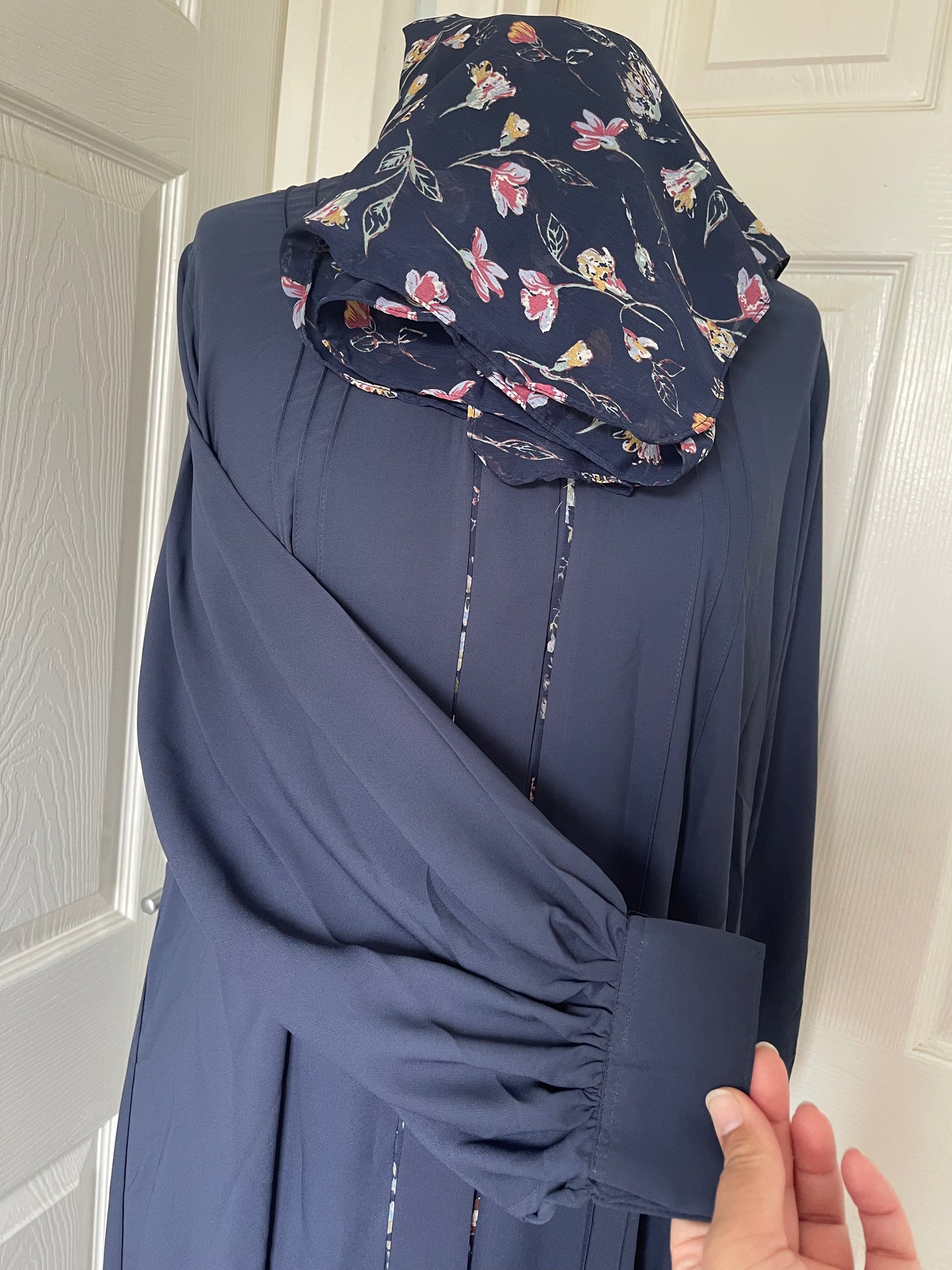 Navy Blue Floral piping Frock style abaya