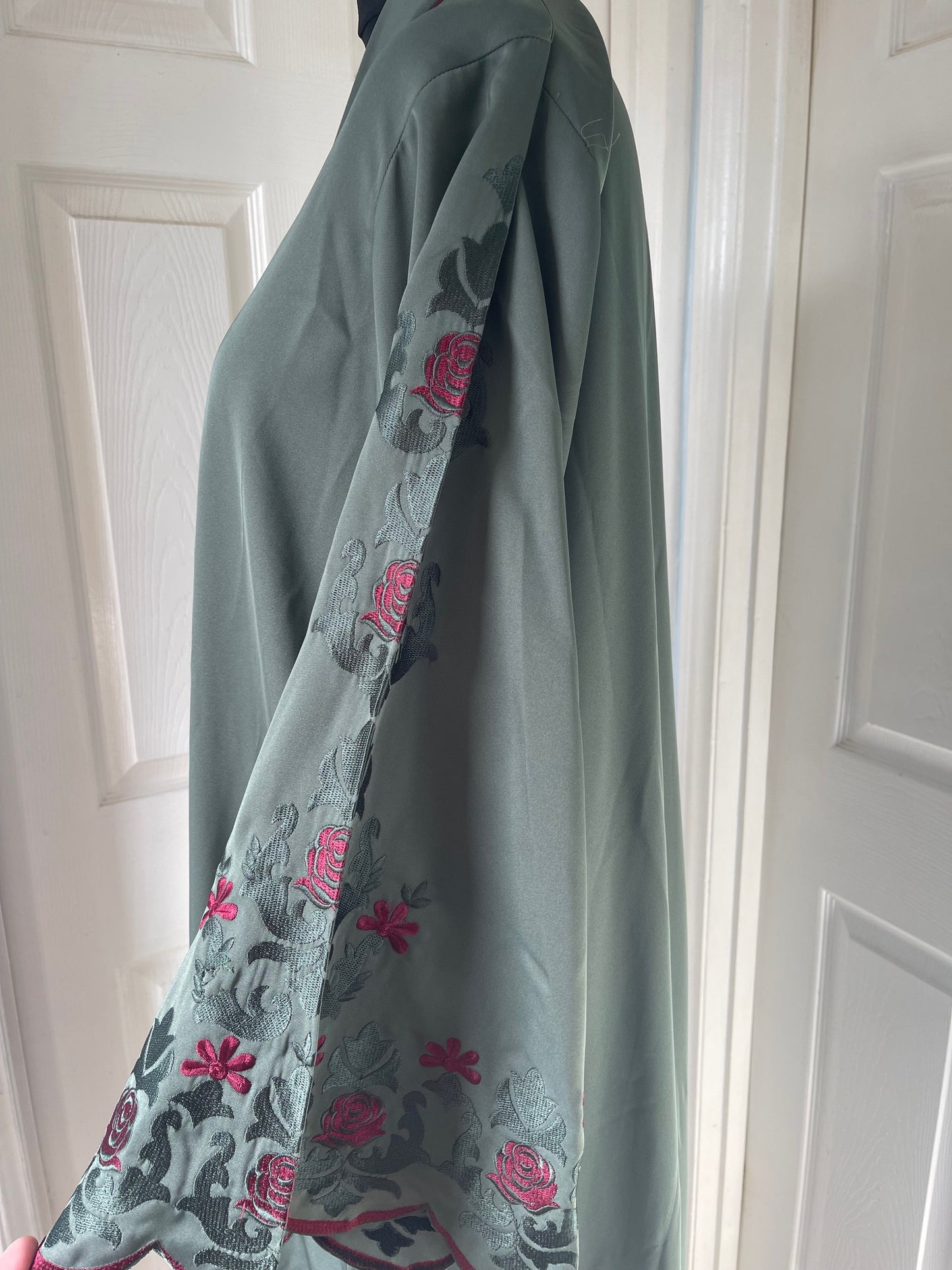 Sage green and maroon embroidered abaya