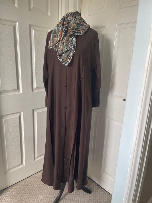 Brown buttoned pleat abaya with hijab