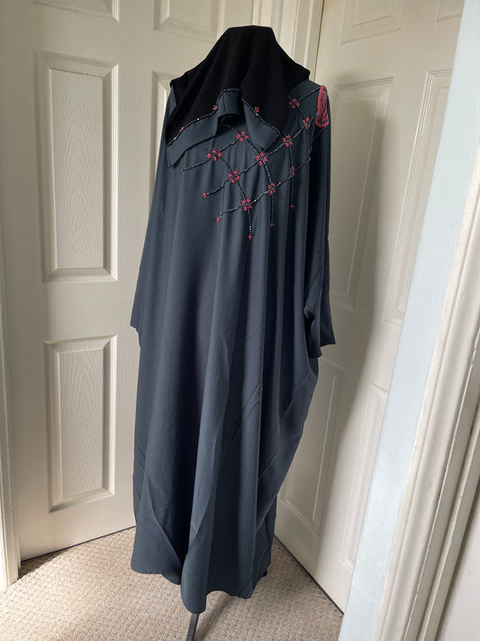 Grey bead embroidery butterfly abaya