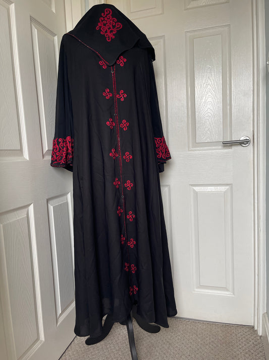 Black red embroidered flare sleeve abaya