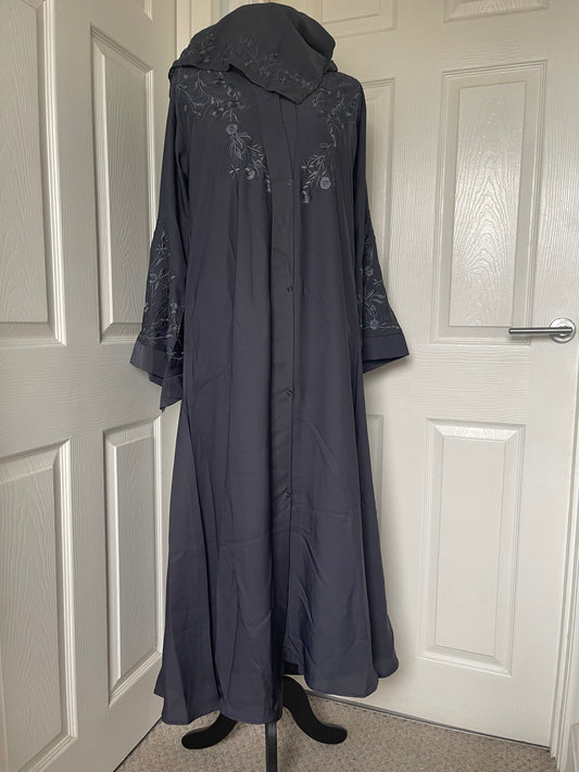 Charcoal grey embroidered kimono sleeve abaya