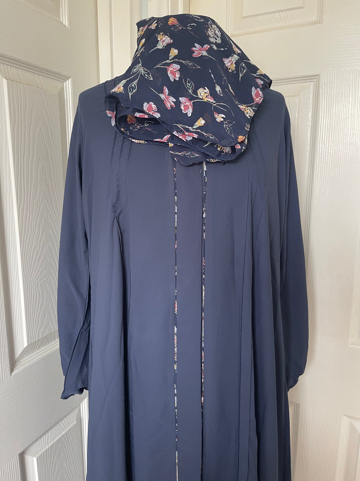 Navy Blue Floral piping Frock style abaya