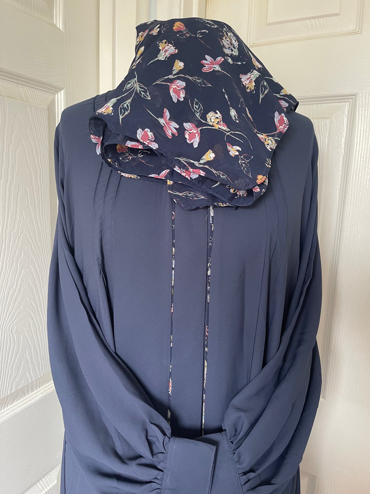 Navy Blue Floral piping Frock style abaya