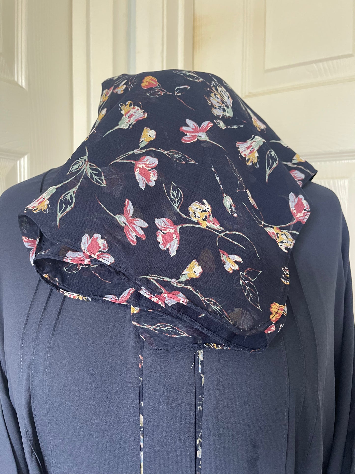Navy Blue Floral piping Frock style abaya