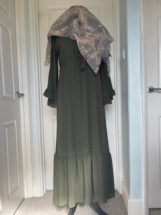 olive green abaya with frill arms