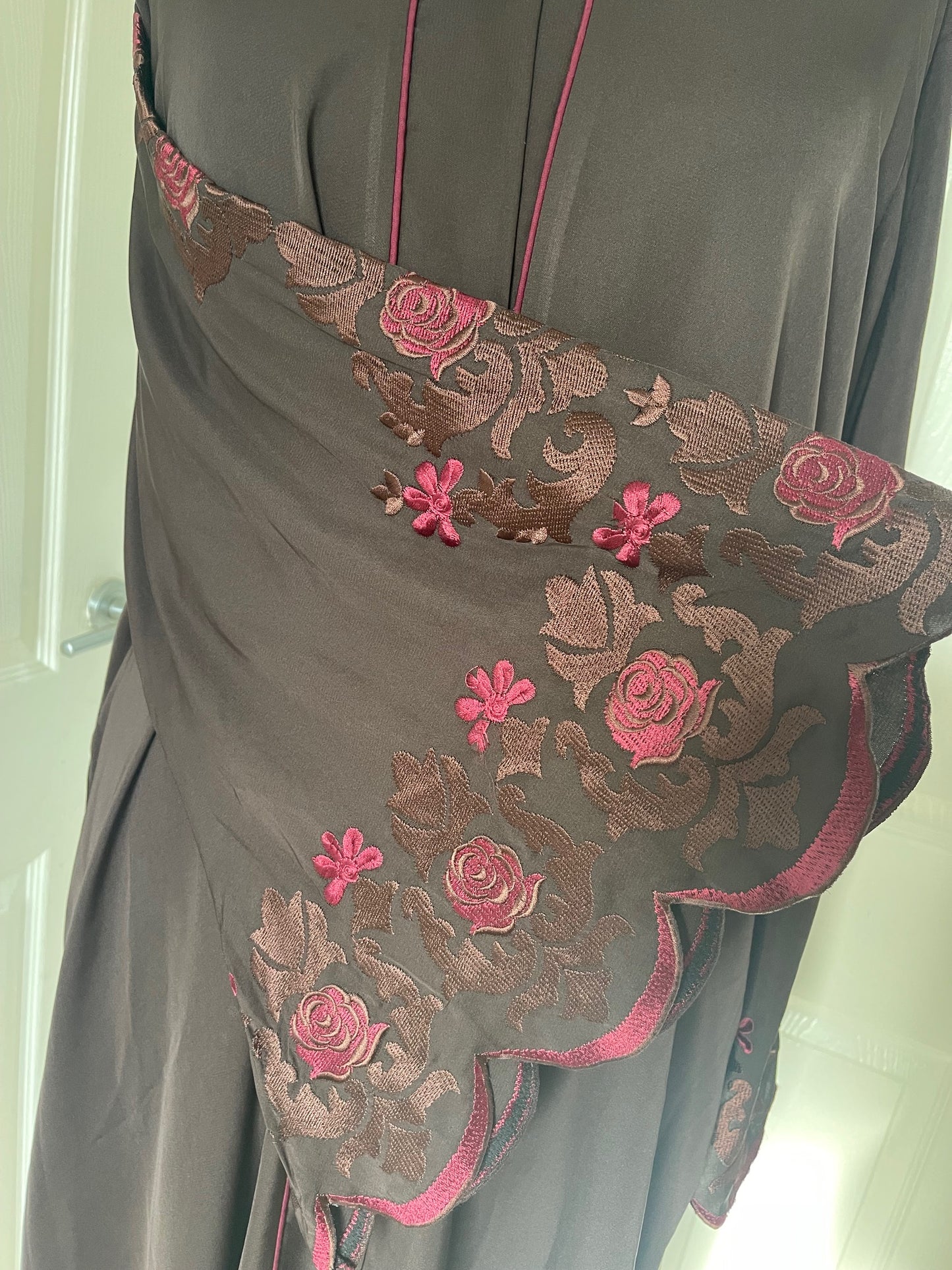 Chocolate brown and maroon embroidered abaya