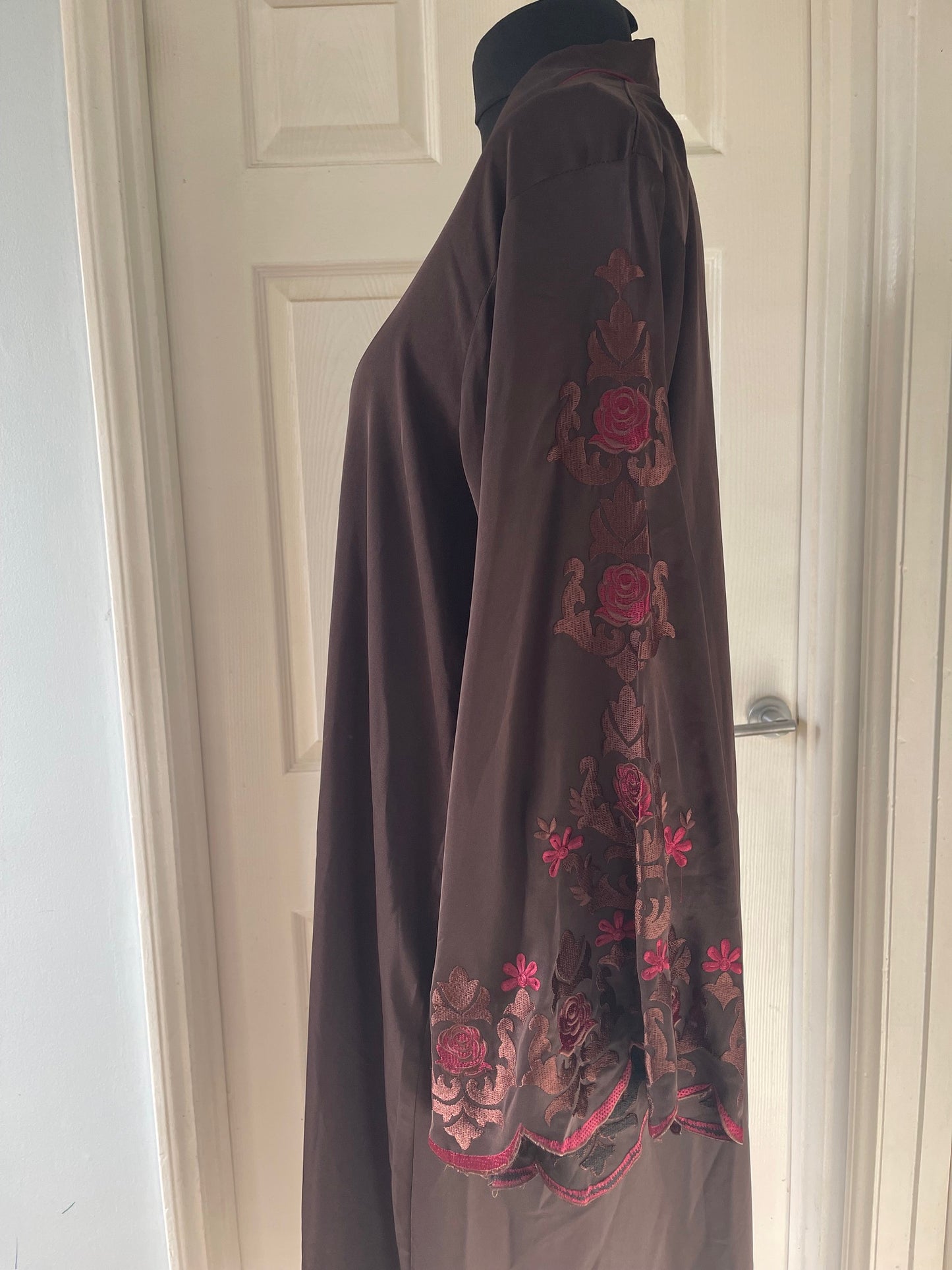 Chocolate brown and maroon embroidered abaya