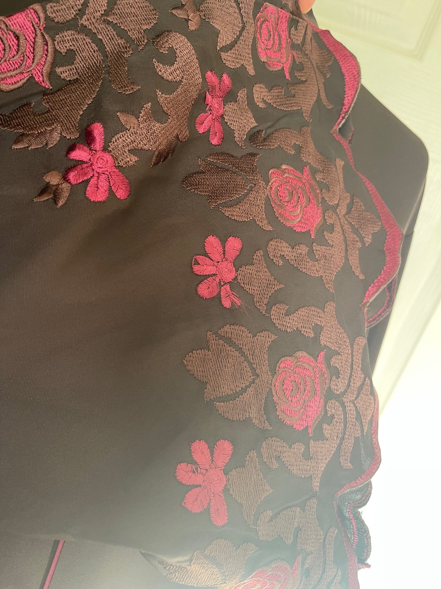 Chocolate brown and maroon embroidered abaya