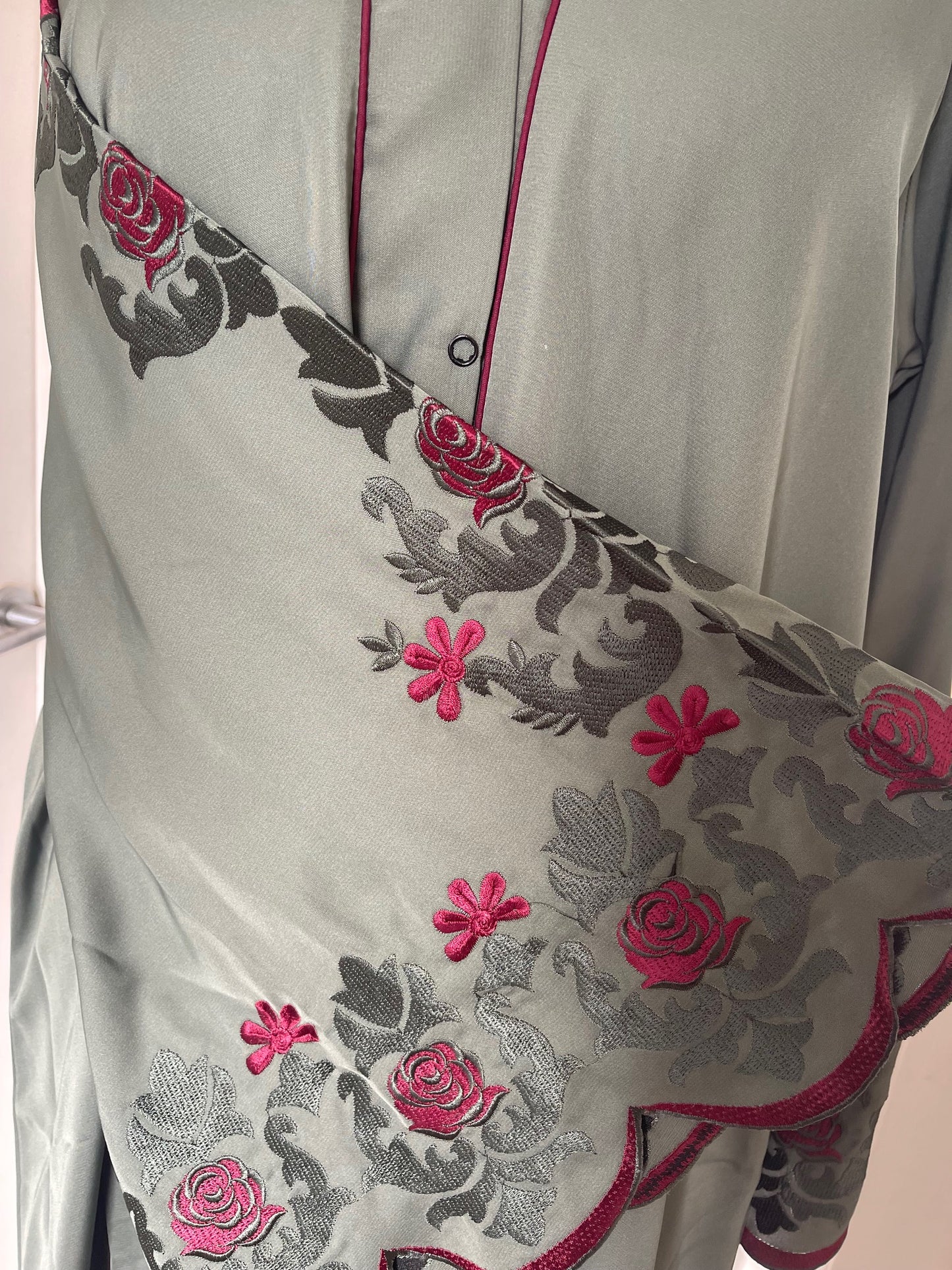 Sage green and maroon embroidered abaya