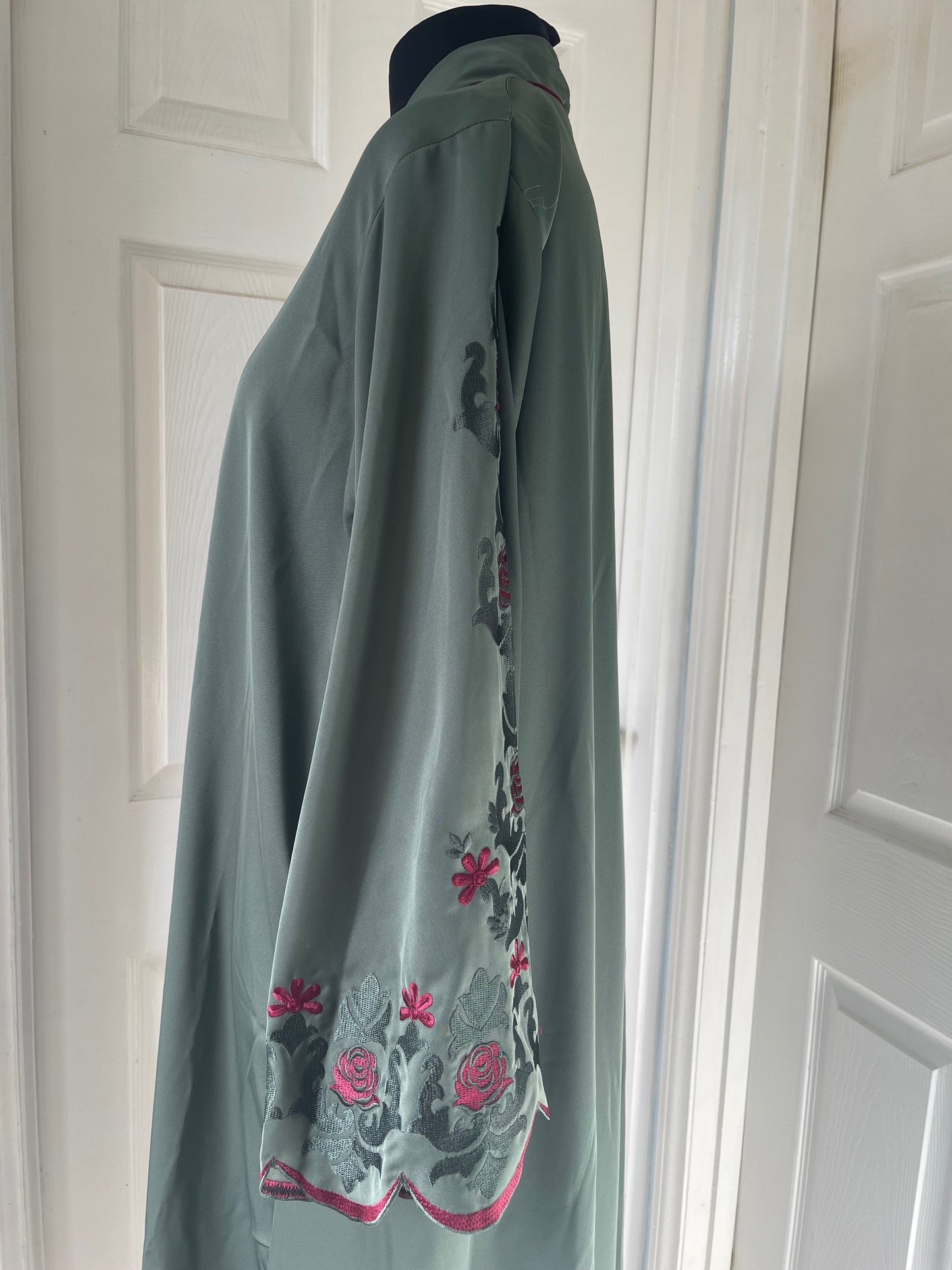 Sage green and maroon embroidered abaya