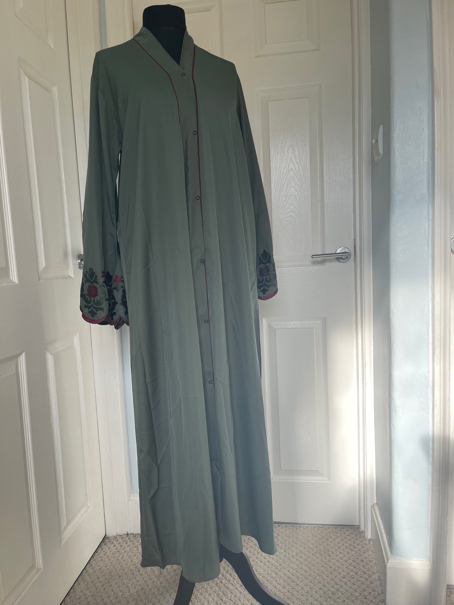 Sage green and maroon embroidered abaya