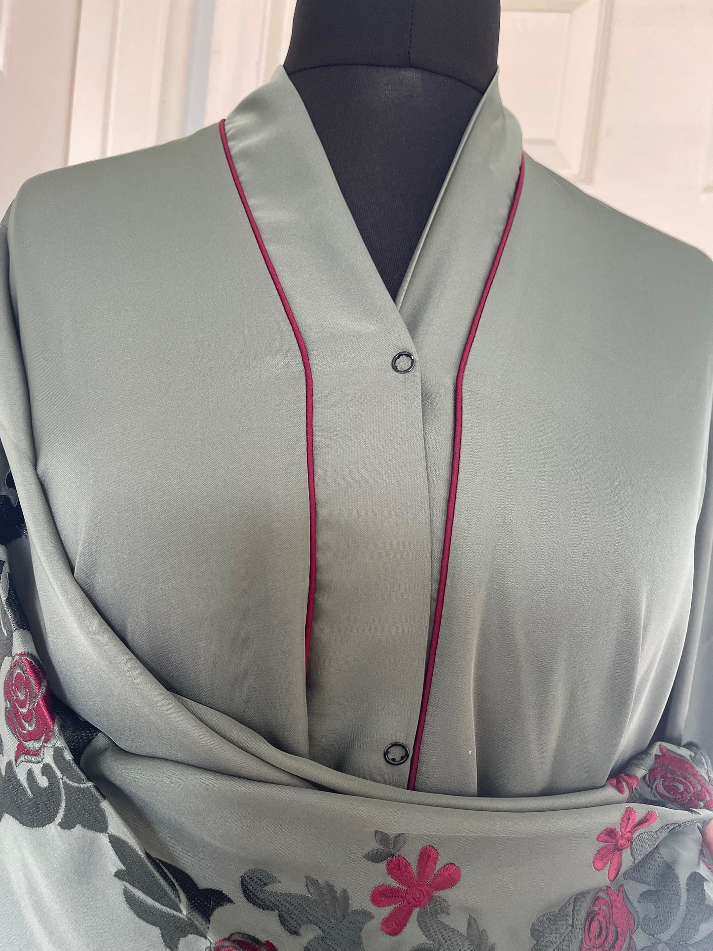 Sage green and maroon embroidered abaya